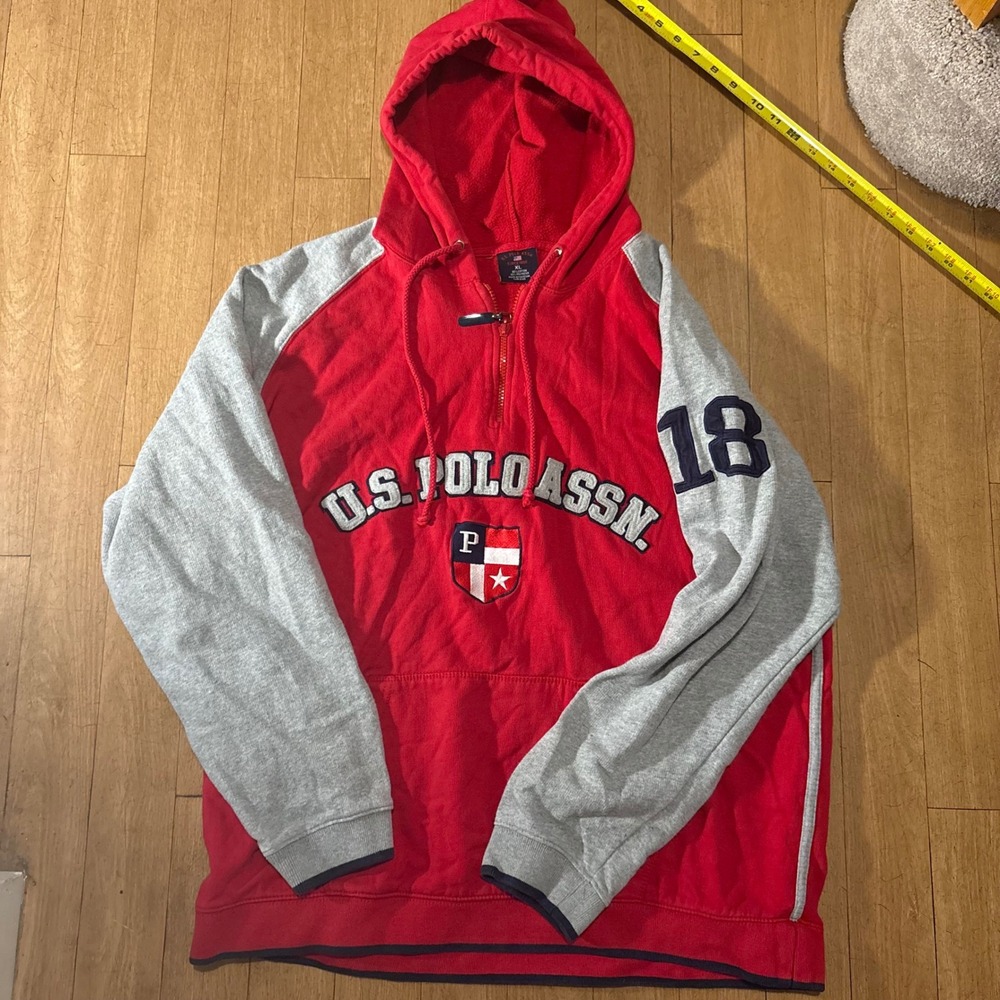 US Polo Assn Hoodie Mens XL Red Gray Colorblock Quarter Zip Sweatshirt 18 Logo